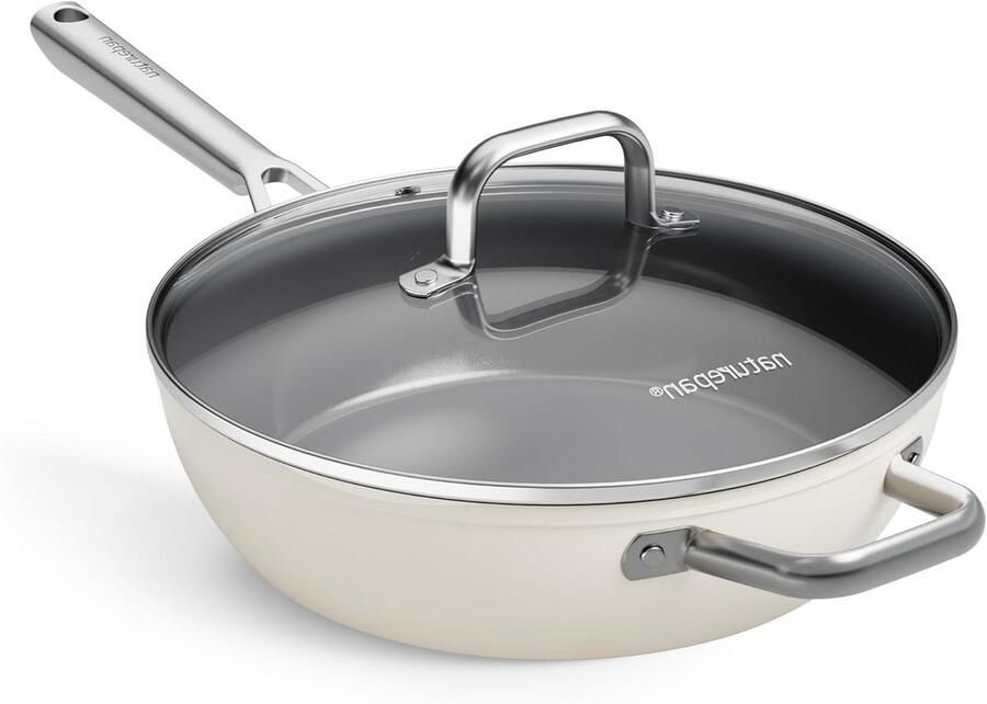 Keramische Koekenpan Antiaanbakpan Koekenpan met Deksel Gezond Koken Diamant Versterkte Coating 28cm Beige