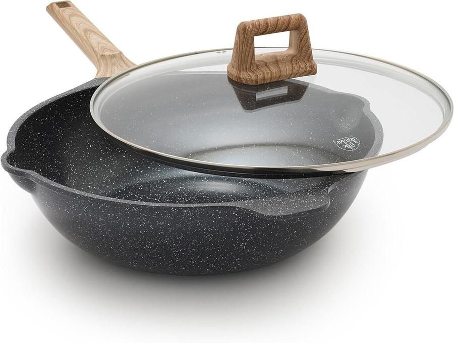 Keramische Koekenpan Antiaanbakpan Wok Veelzijdig Koken PFAS-vrije Coating 4.8 Liter Gespikkeld Zwart