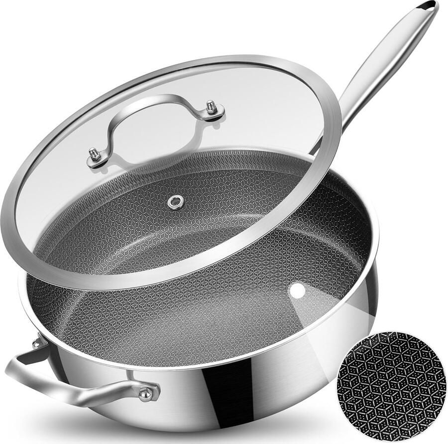 Keramische Koekenpan Diepe Koekenpan Veelzijdig Koken Tri-Ply RVS 5 Quarts Zilver