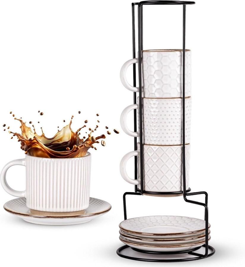 Keramische Koffiekopjes met Schotels Cappuccino Mokken Set Koffiedrinken Thuis Stapelbaar Ruimtebesparend 220 ml Wit