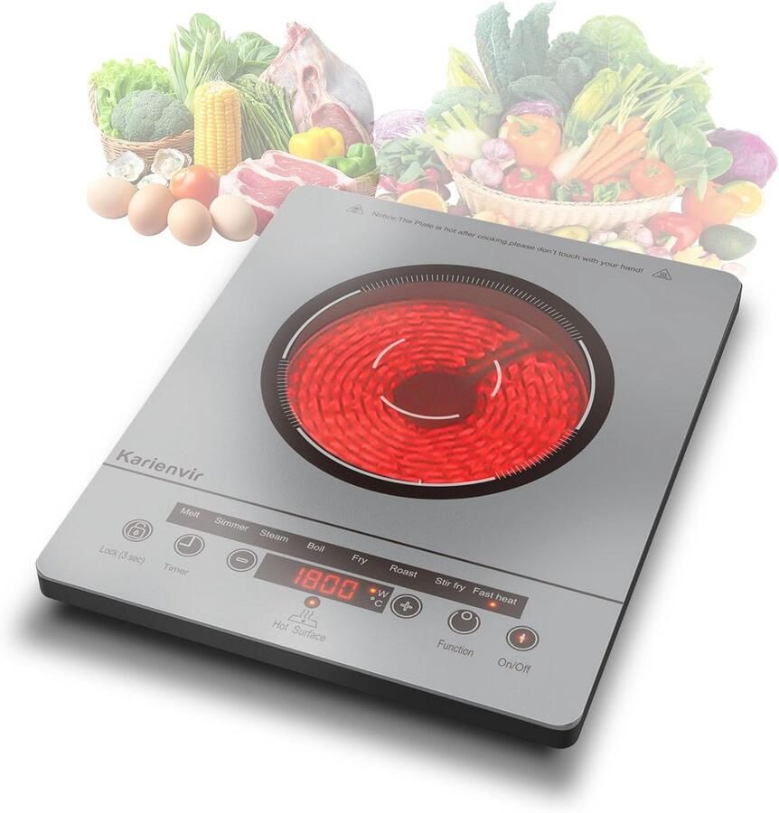 Keramische kookplaat 1 pits fornuis Compact koken Met timer 36 cm breed Zilverkleurig
