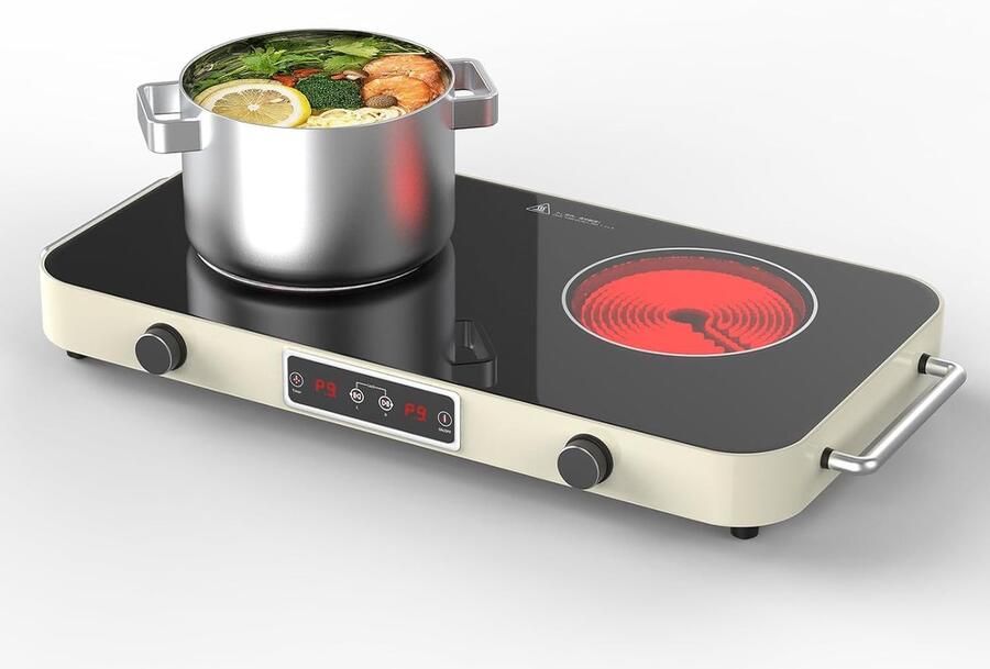 Keramische Kookplaat 2 Pits Elektrisch Fornuis Draagbaar Koken 9 Vermogensstanden 48 cm Wit