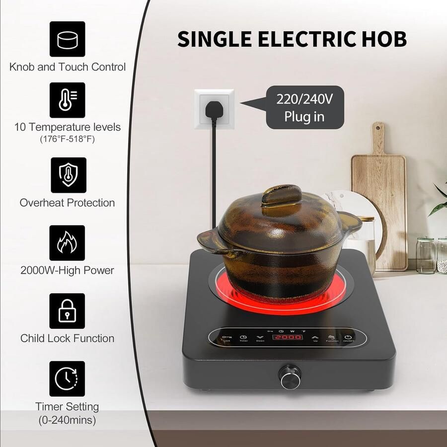 Keramische Kookplaat 2000W met Touch Control en Timer