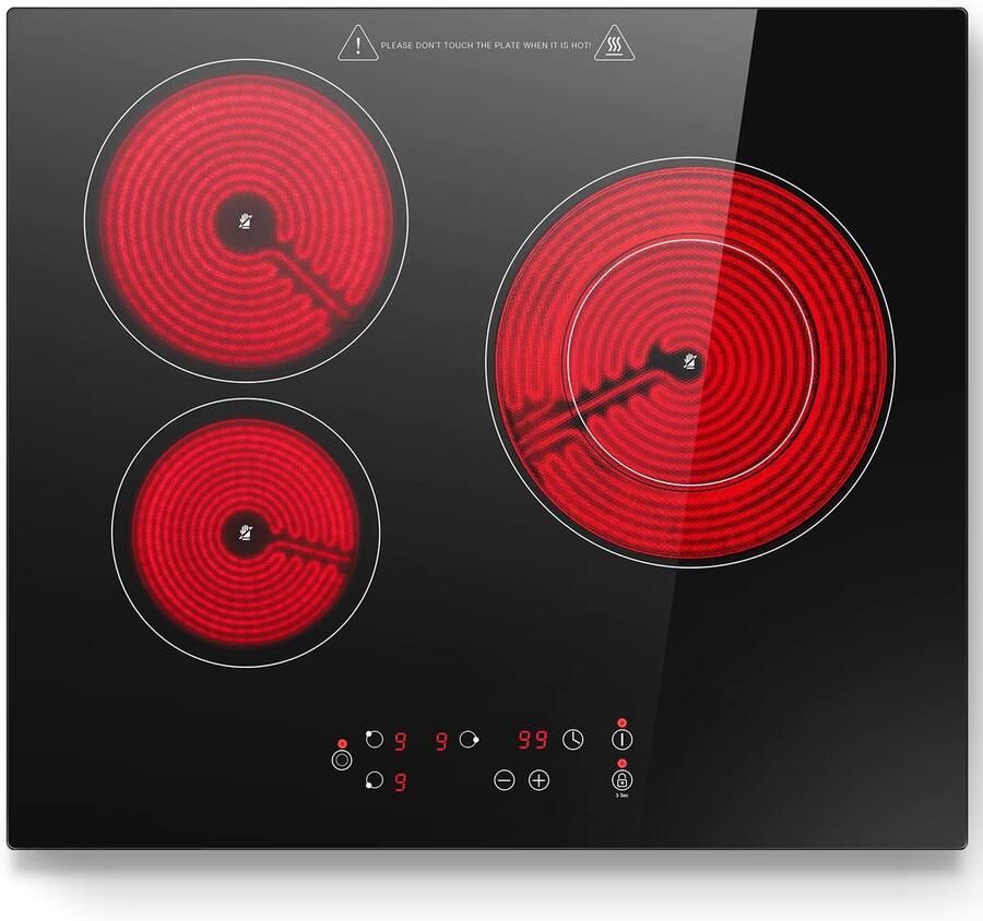 Keramische Kookplaat 3 Zones 5400W Zwart 59x52 cm 9 Warmtestanden Kinderslot Timer 1-99 Min Touch Bediening Ideaal voor Kleine Keukens Studio s en Studentenwoningen