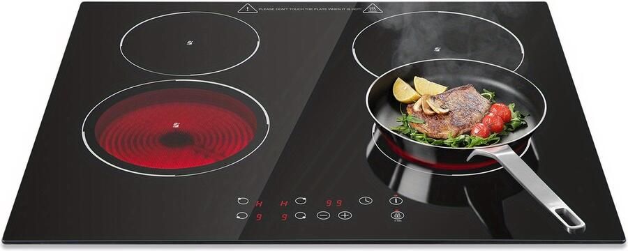 Keramische Kookplaat 4 Pits – 6000W – 9 Vermogensstanden – Touchbediening – Timer – 60 cm Zwart Glas