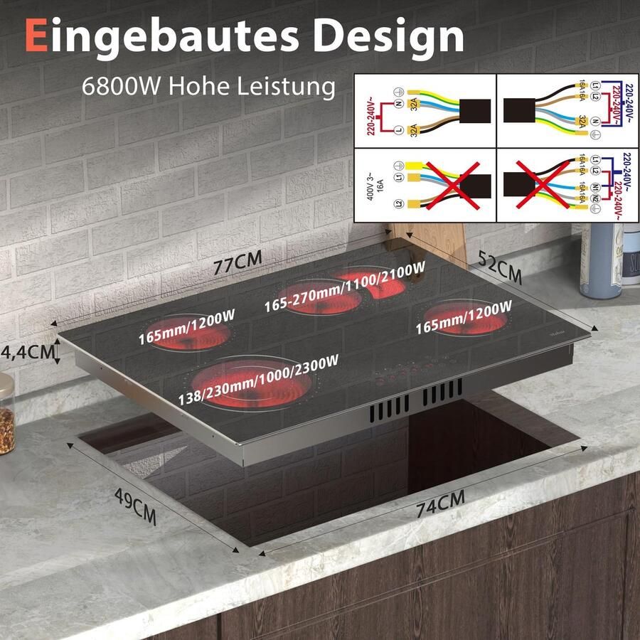 Keramische Kookplaat 4 Zones 6600 W 77 cm Glaskeramiek Zwart Ingebouwd