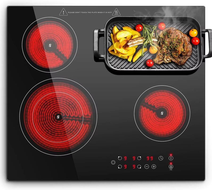 Keramische Kookplaat 4 Zones 6600W Zwart 59x52 cm 9 Warmtestanden Kinderslot Timer 1-99 Min Touch Bediening Ideaal voor Kleine Keukens Studio s en Studentenwoningen