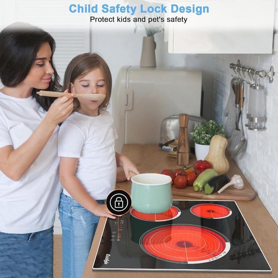 Keramische Kookplaat 4 Zones met Touch Control Ingebouwde Glaskeramiek Kookplaat 60 cm 6000 W Timer en Kinderbescherming