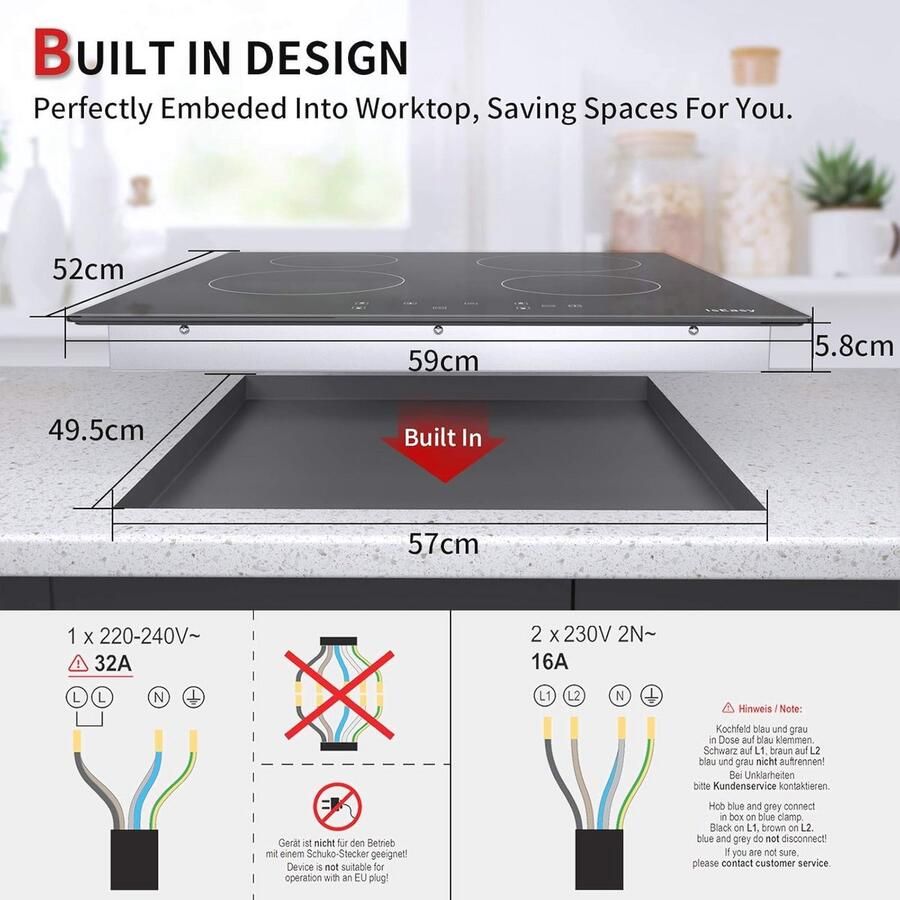 Keramische Kookplaat 5 Zones 77 cm Elektrische Kookplaat met Aanraakbediening en Timer