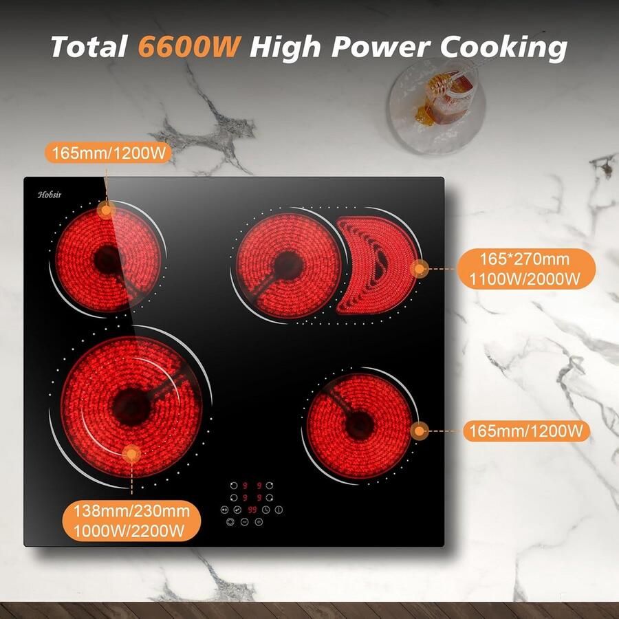 Keramische Kookplaat 60 cm 4 Zones Sensor Touch Controle 9 Warmtestanden Inbouw