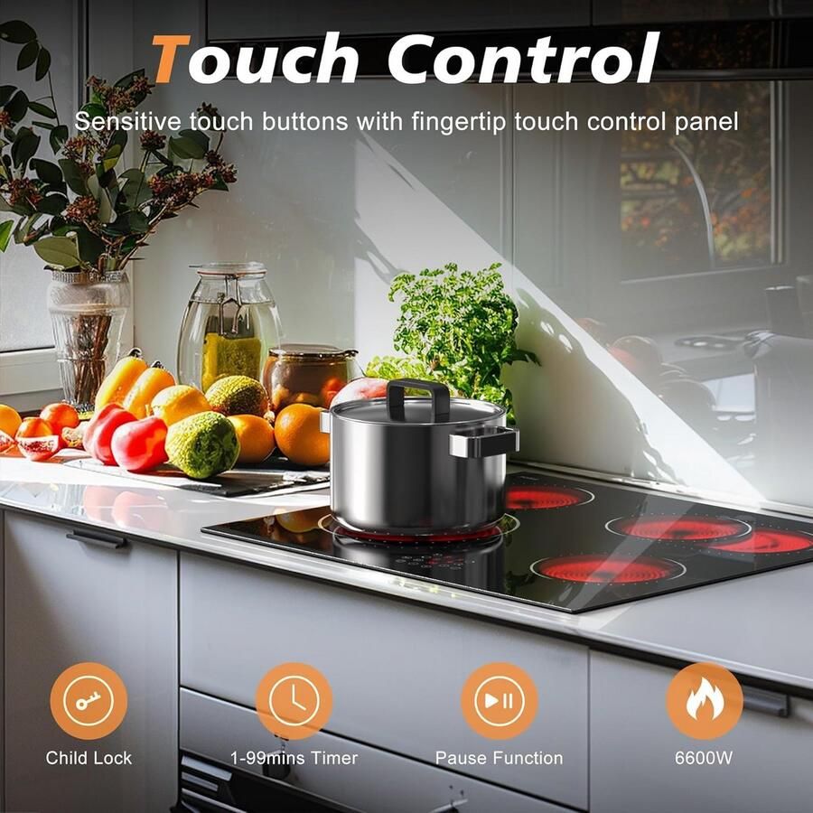 Keramische Kookplaat 60 cm 4 Zones Sensor Touch Controle 9 Warmtestanden Inbouw