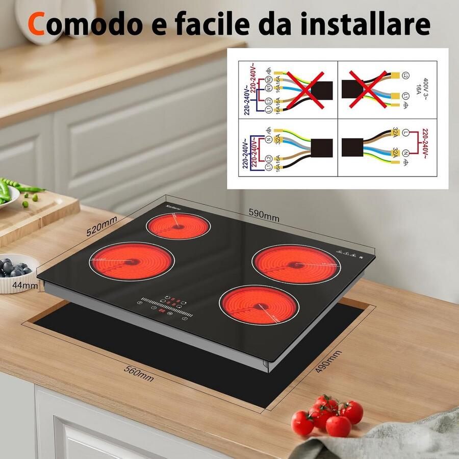 Keramische Kookplaat 60 cm met 4 Zones Schuifbediening en Timer
