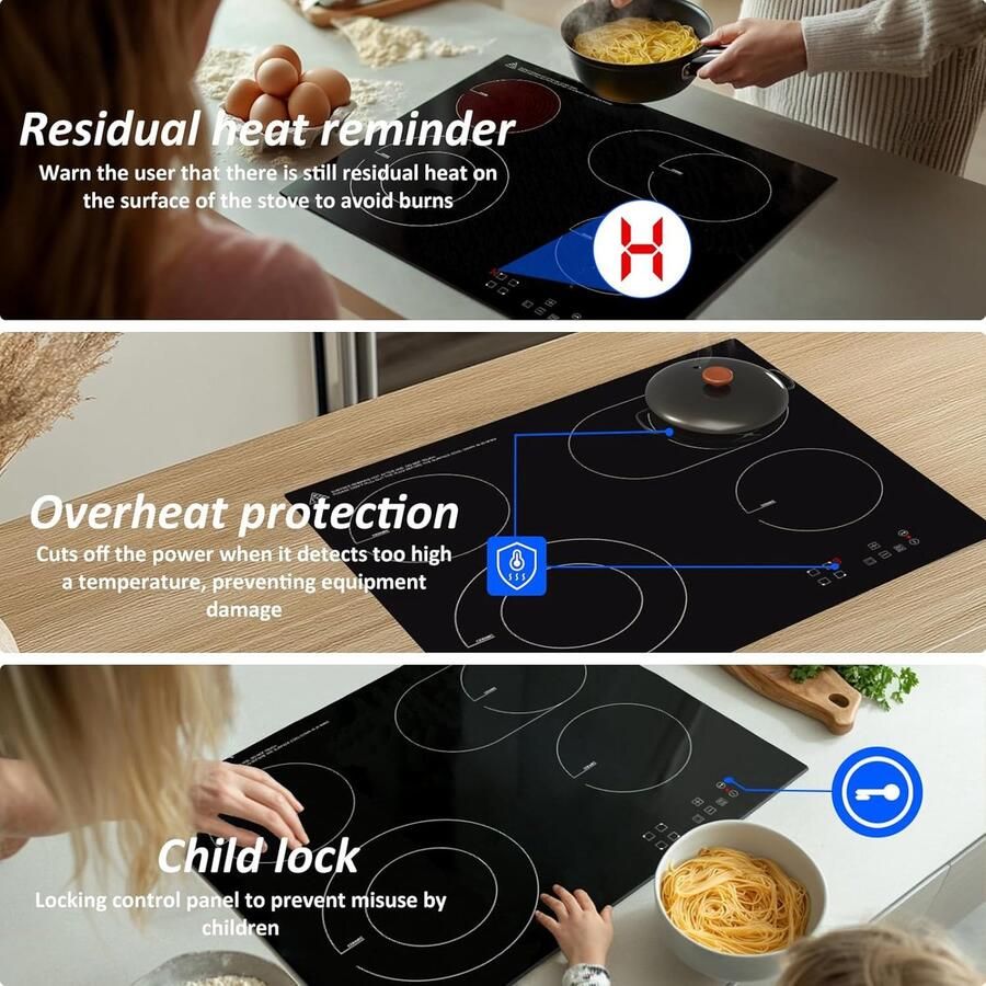 Keramische Kookplaat Elektrisch Fornuis Efficiënt Koken Dubbele Ring Zones 60 cm Zwart - Foto 5