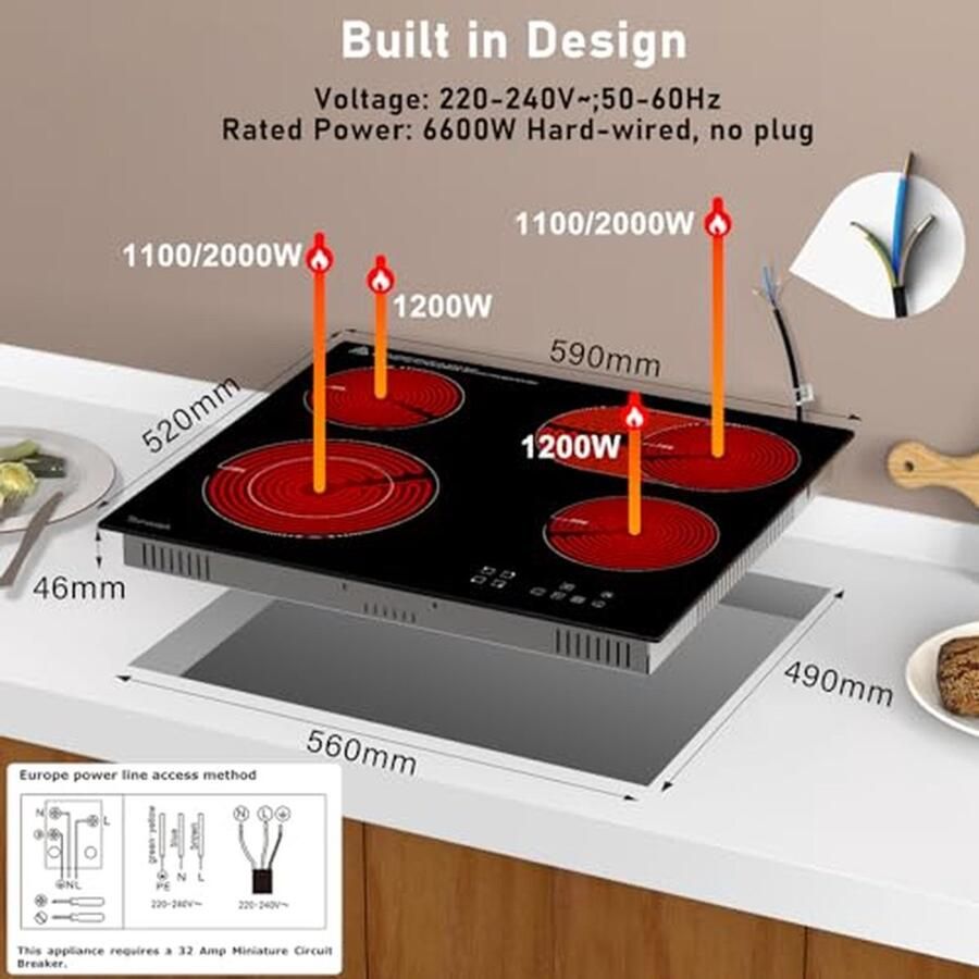 Keramische Kookplaat Elektrisch Fornuis Efficiënt Koken Dubbele Ring Zone 60 cm Zwart