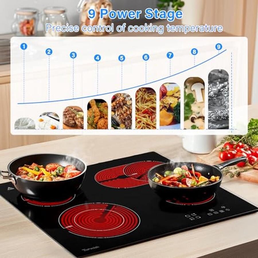 Keramische kookplaat Elektrisch fornuis Efficiënt koken Dubbele ring zone 60 cm Zwart - Foto 2