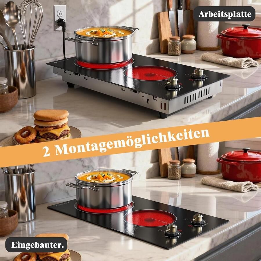 Keramische Kookplaat Elektrisch Fornuis Koken aan huis Dubbele Draaiknop Bediening 30 cm Zwart