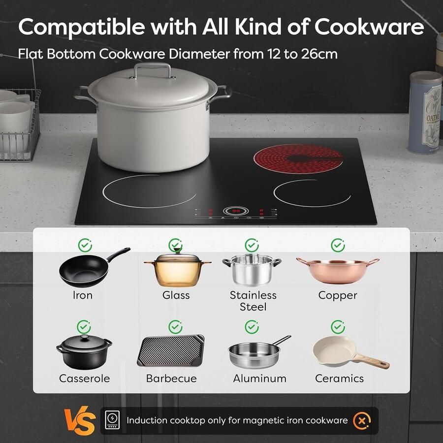 Keramische Kookplaat Elektrisch Fornuis Koken en Braden 4 Kookzones 59 cm Zwart