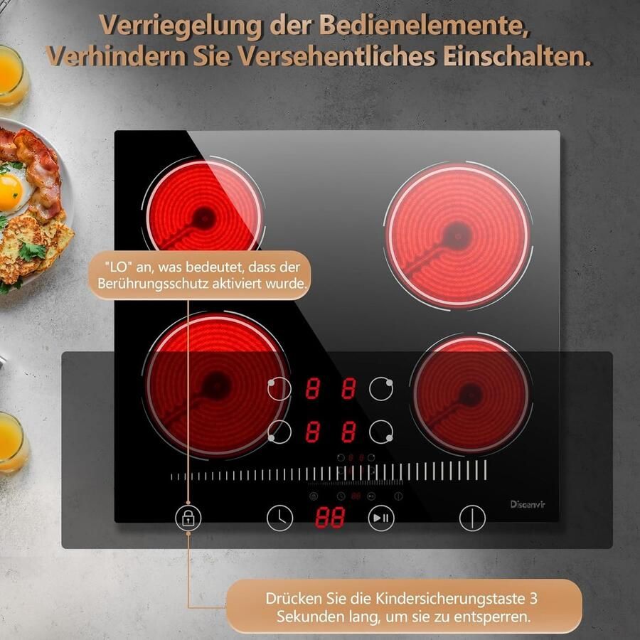 Keramische kookplaat Elektrisch fornuis Snel koken 4 kookzones 56 x 49 cm Zwart