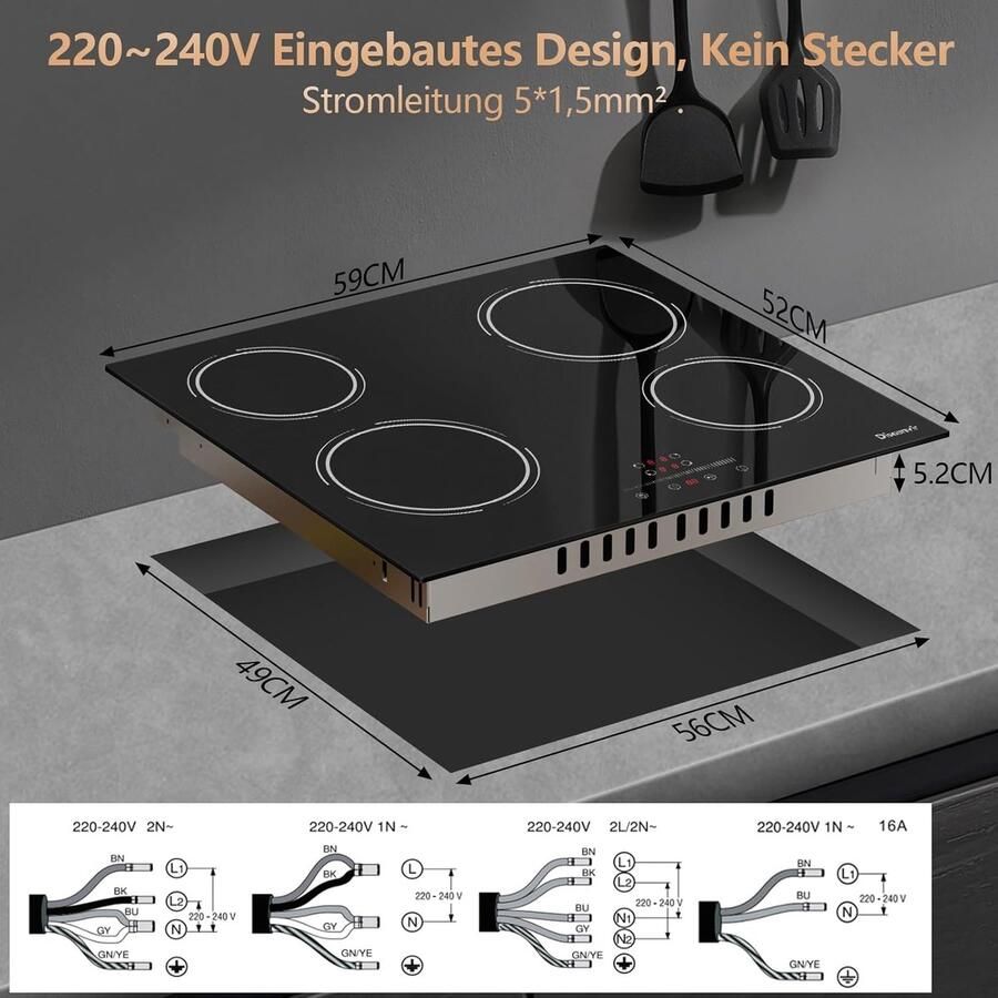 Keramische kookplaat Elektrisch fornuis Snel koken 4 kookzones 56 x 49 cm Zwart