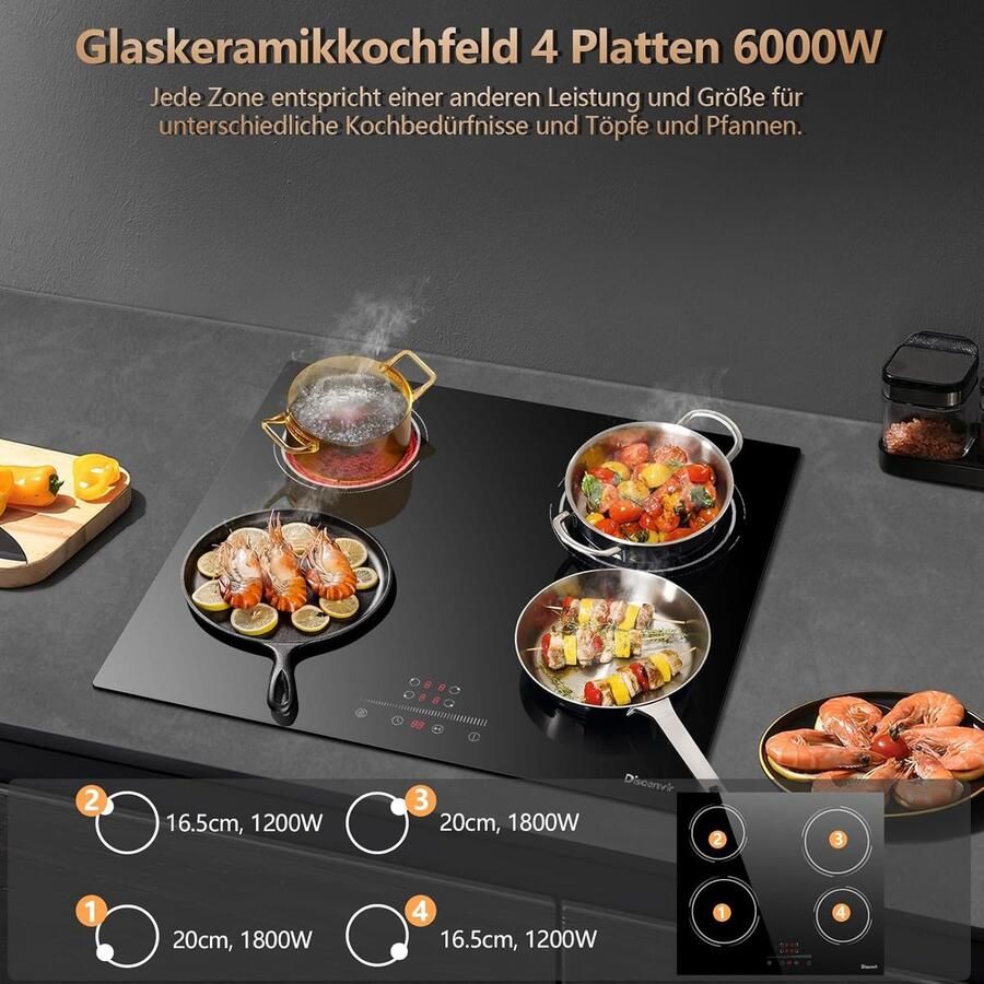 Keramische Kookplaat Inbouw Kookplaat Koken en Garen 4 Kookzones 60 cm Zwart - Foto 2