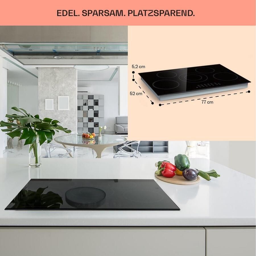 Keramische Kookplaat Elektrisch Fornuis Snel Koken 5 Kookzones 77 x 52 cm Zwart