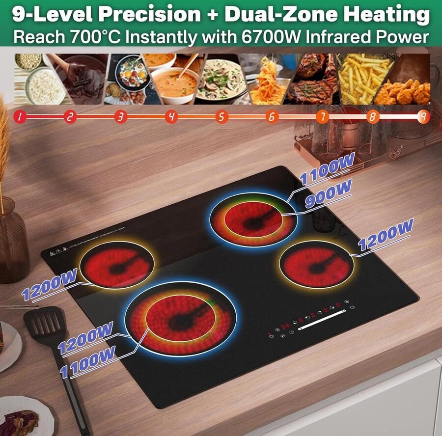 Keramische kookplaat Elektrische inbouwplaat Snel koken Dubbele zone flexibel 60 cm Zwart - Foto 2