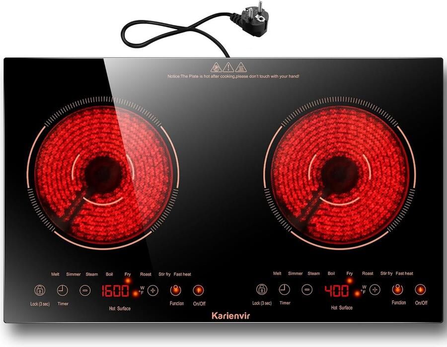 Keramische Kookplaat Elektrische Kookplaat 2 Pits Koken en Bakken Intelligente Warmteregulatie 60 x 35 cm Zwart