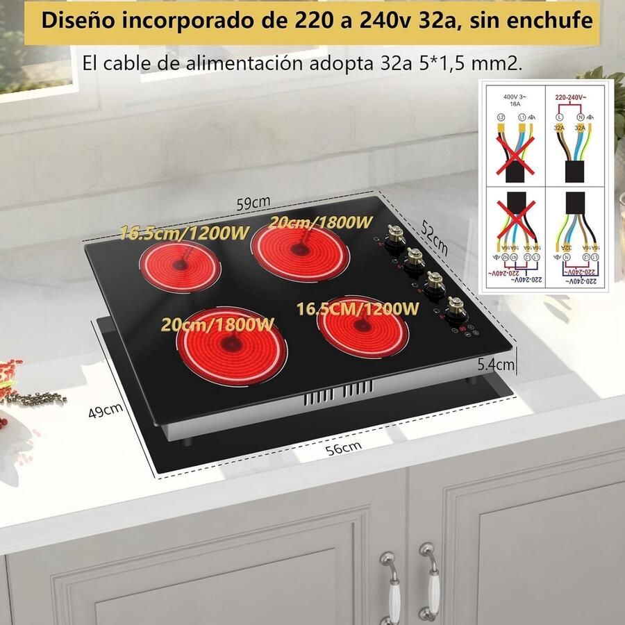 Keramische Kookplaat Elektrische Kookplaat 4 Zones Thuis Koken Zelfnivellerend Glas 56 x 49 cm Zwart