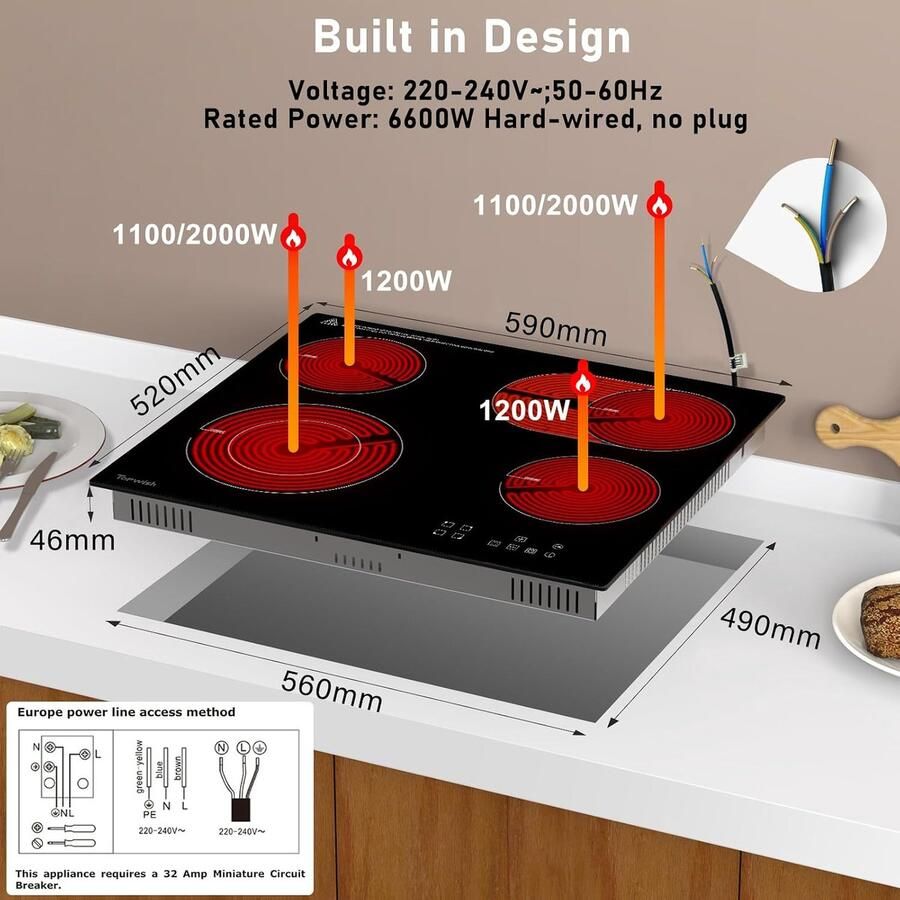 Keramische Kookplaat Elektrische Kookplaat Efficiënt Koken Dubbele Ring Zone 60 cm Zwart