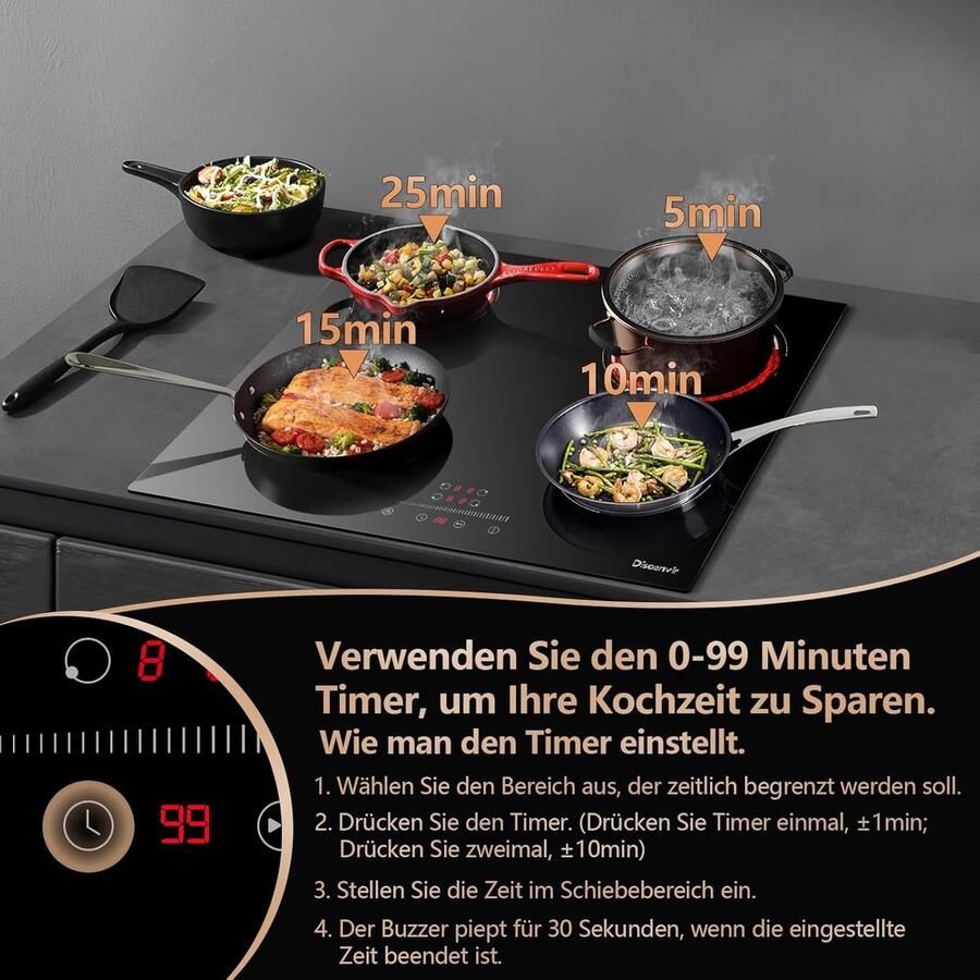 Keramische Kookplaat Elektrische Kookplaat Inbouwkookplaat Koken en Bereiden 4 Onafhankelijke Zones 56 x 49 cm Zwart