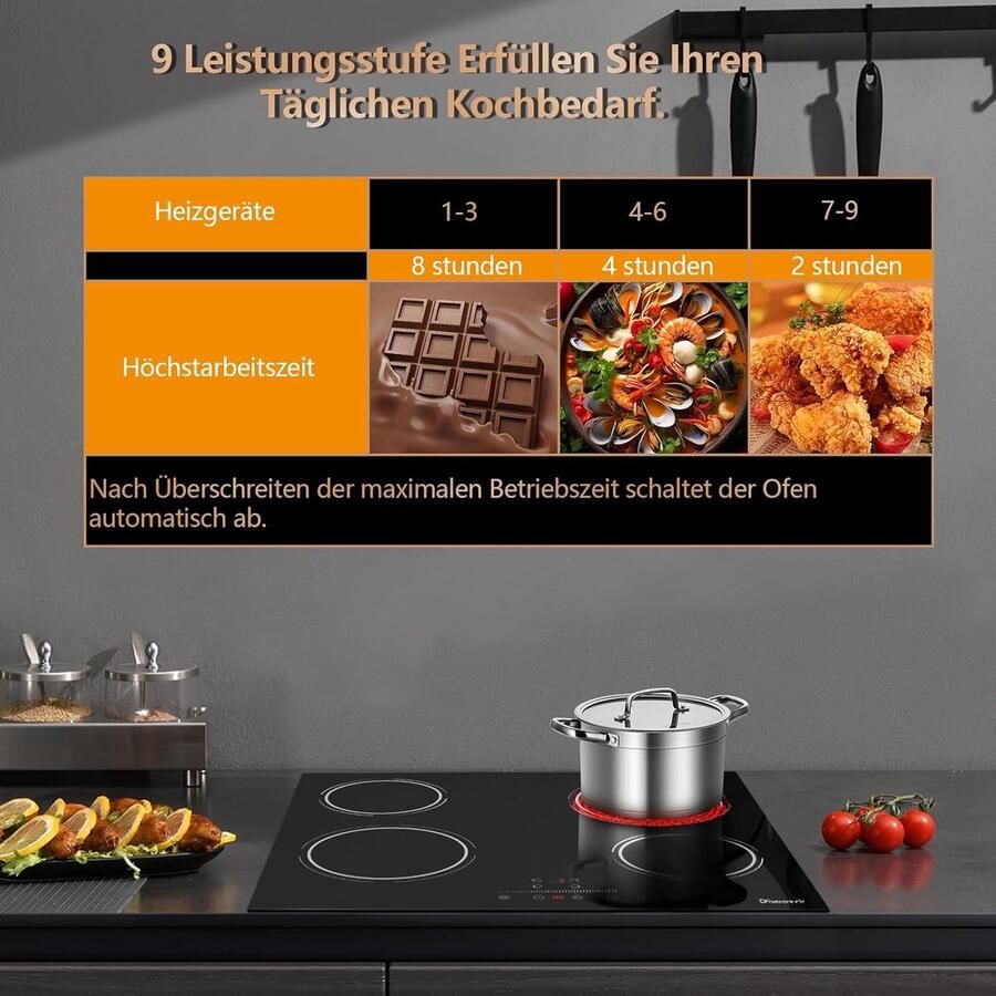 Keramische Kookplaat Elektrische Kookplaat Inbouwkookplaat Koken en Bereiden 4 Onafhankelijke Zones 56 x 49 cm Zwart