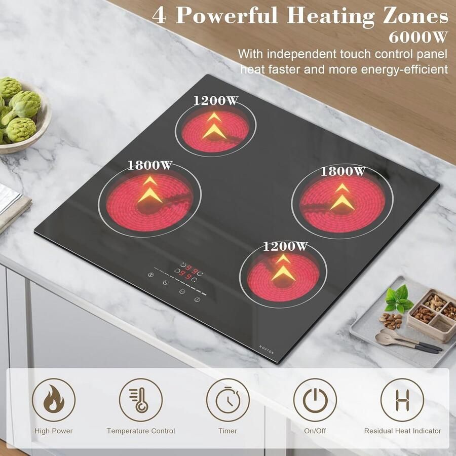 Keramische Kookplaat Inbouw 60cm 4 Platen Tiptoetsen 9 Warmtestanden en Timer