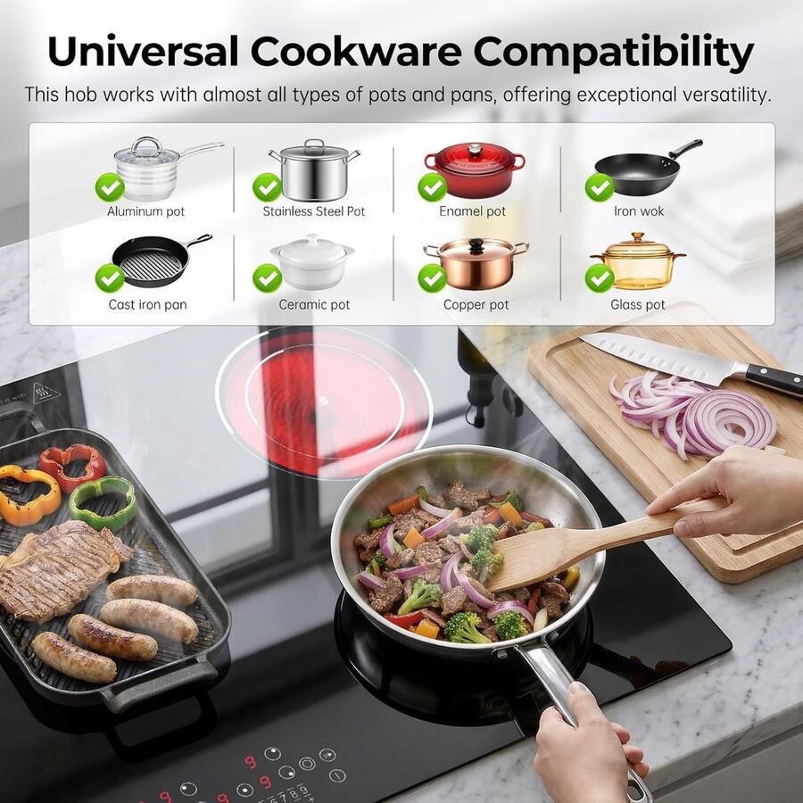 Keramische Kookplaat Inbouw Fornuis Koken en Braden Vijf Kookzones 90 cm Zwart