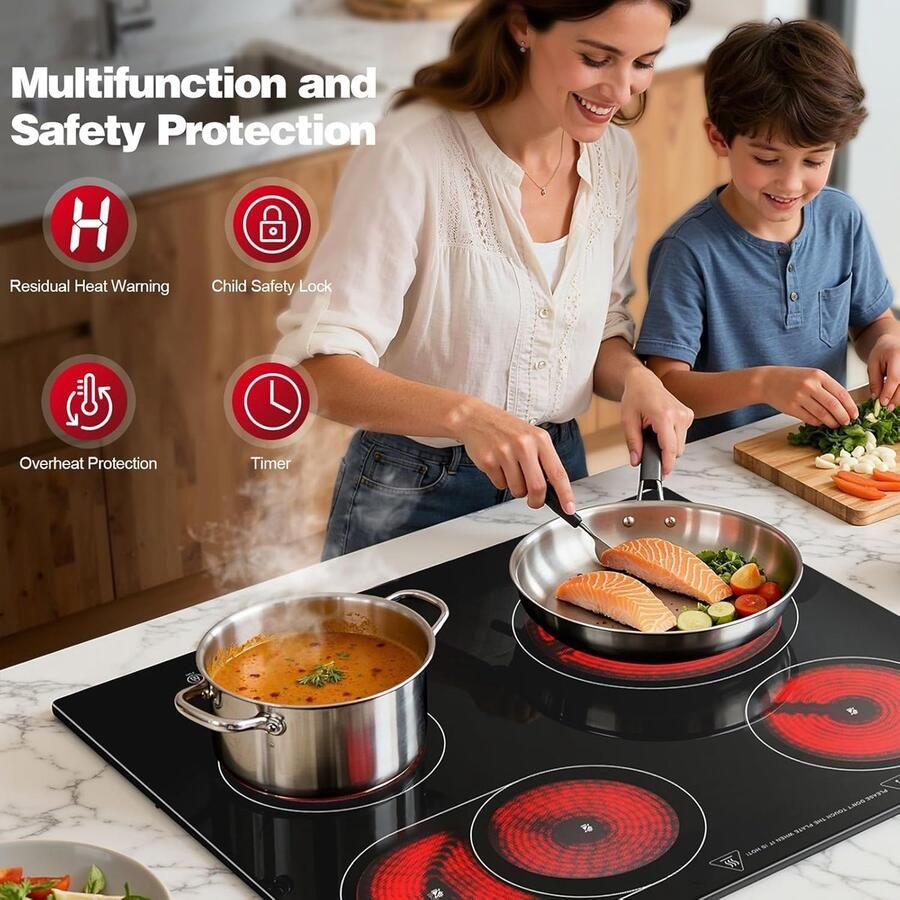 Keramische Kookplaat Inbouw Fornuis Snel Koken Dubbele Uittrekbare Zone 59 cm Breed Zwart