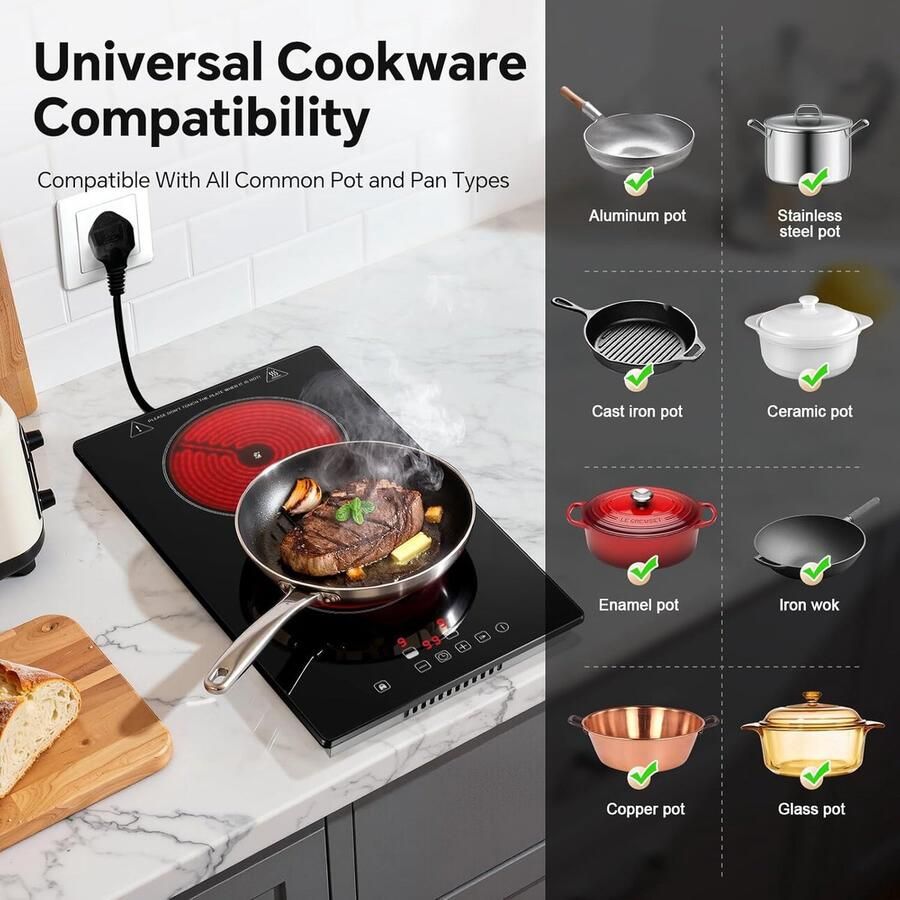 Keramische kookplaat Inbouwkookplaat 2 zones Moderne keuken Touch control timer 3000 Watt Matzwart