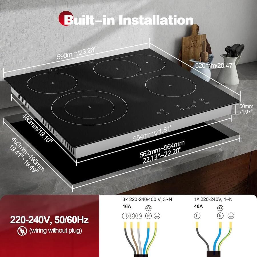 Keramische Kookplaat Inbouw Kooktoestel Dagelijks Koken Dubbele Uittrekbare Zone 59 cm Breed Zwart