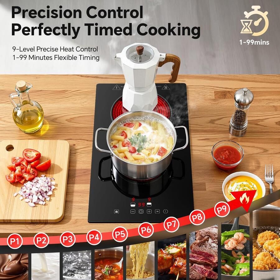 Keramische kookplaat Inbouwkookplaat 2 zones Moderne keuken Touch control timer 3000 Watt Matzwart - Foto 2