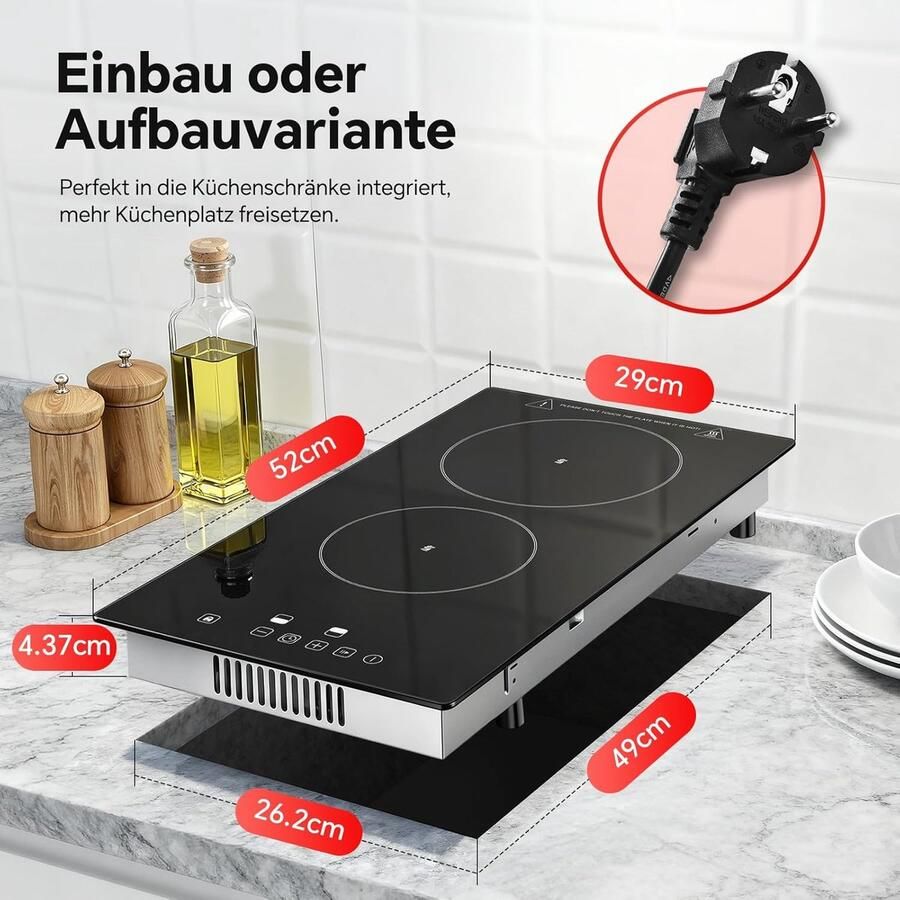 Keramische kookplaat Inbouwkookplaat 2 zones Moderne keuken Touch control timer 3000 Watt Matzwart