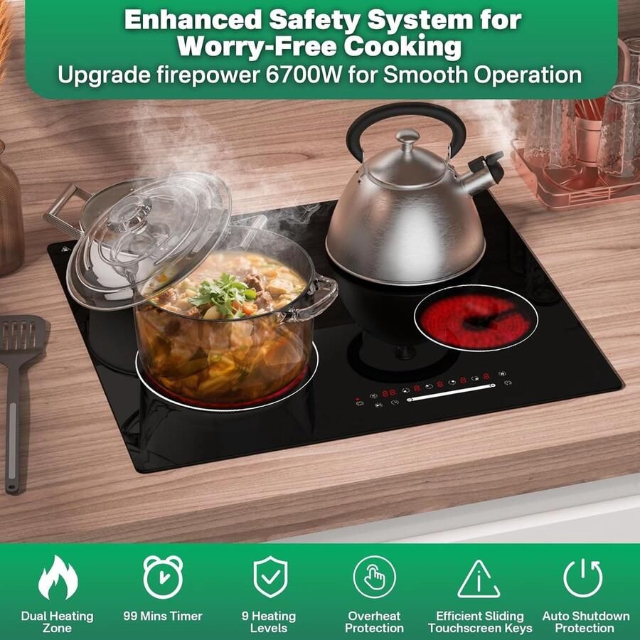 Keramische Kookplaat Inbouwplaat Elektrisch Snel Koken Dubbele Zone Flexibel 60 cm Zwart