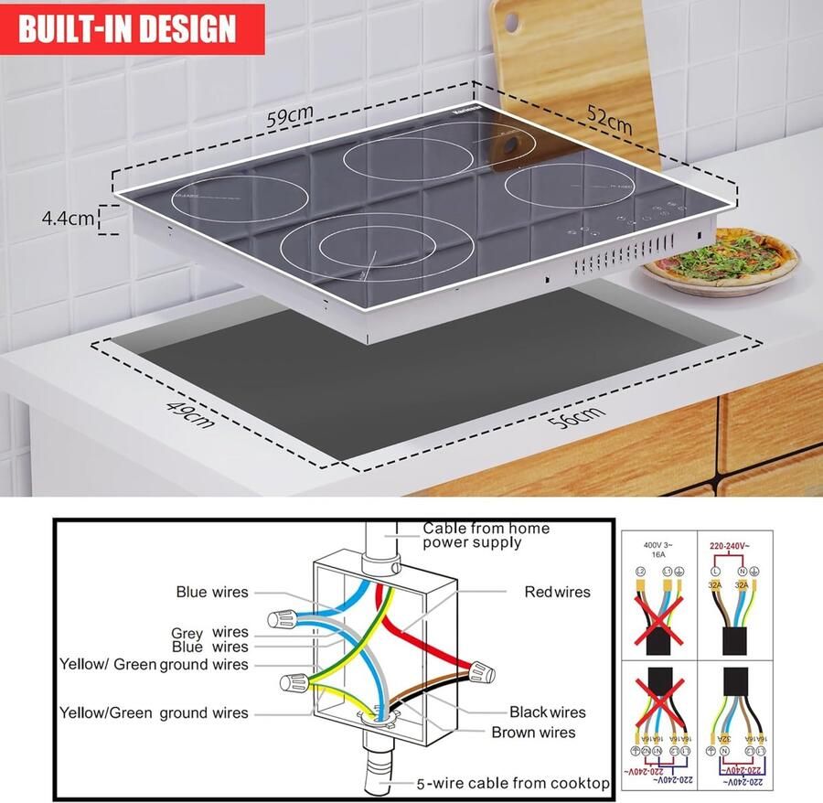 Keramische Kookplaat Ingebouwd 6600 W Vermogen 60 cm Breedte Glas Keramiek Elektrische Vierkookplaat
