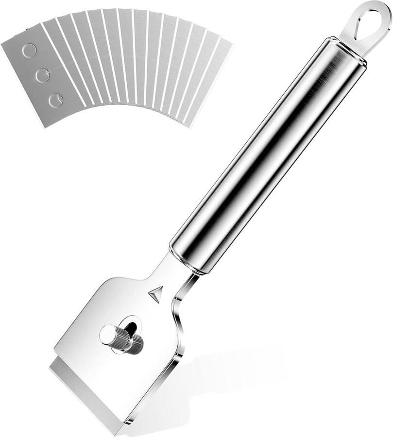 Keramische kookplaat schraper Inductiekookplaat schraper 4 messen verborgen in de schraperkop Inclusief 10 extra metalen messen Schraper geschikt voor inductiekookplaten het schoonmaken van keukens ovens en inductiekookplaten Zilver