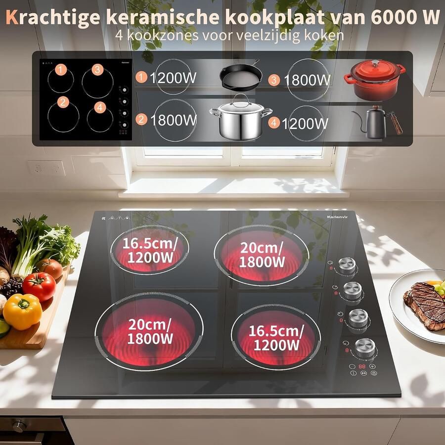 Keramische Kookplaat Zwart 60 cm Inbouw met Draaiknopbediening Voor Gezinnen