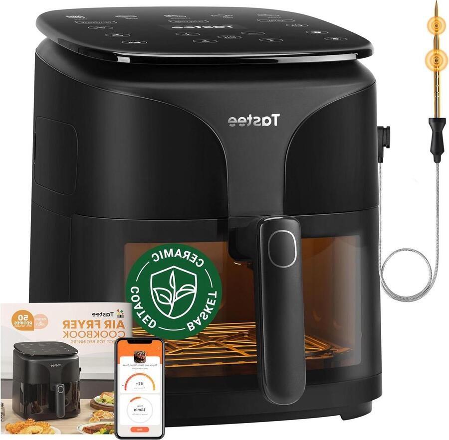 Keramische Luchtfriteuse Compacte Friteuse Digitale Gezond Frituren Koken 8-in-1 Functies Intelligente Sonde 5.5 Kwarts Zwart