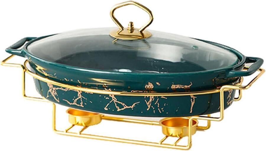Keramische Soeppan Buffet Warmer Feestelijke Buffetten Imitatie Marmer Afwerking 36x22x5.5 cm Groen