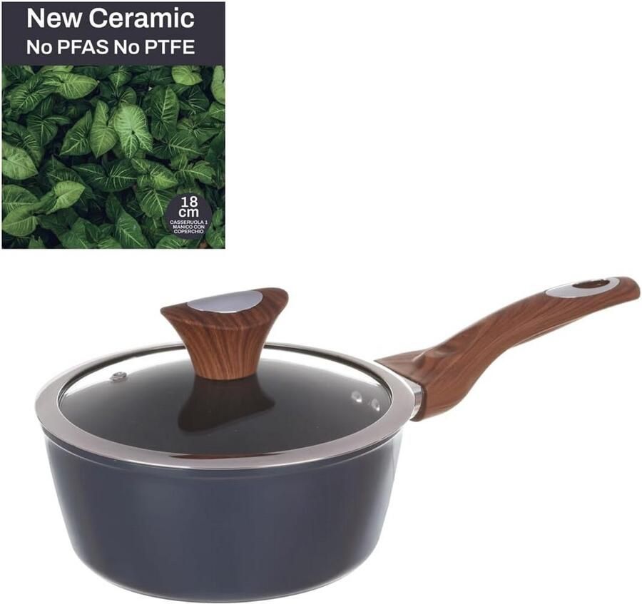 Keramische steelpan 18 cm met glazen deksel