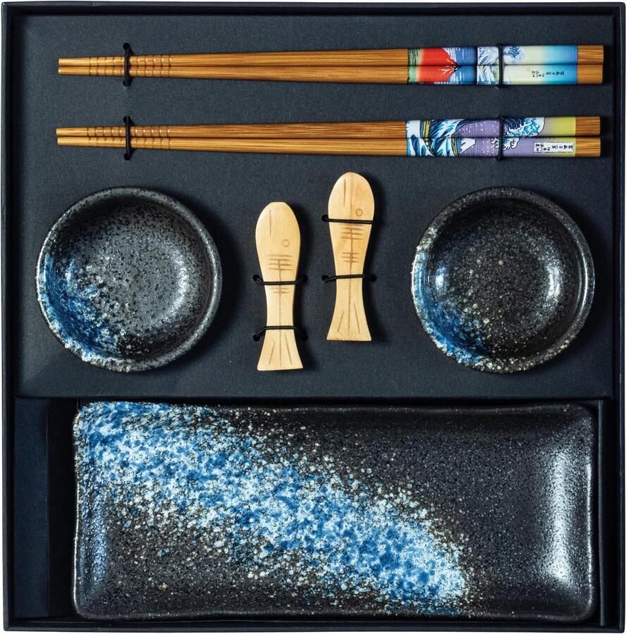 Keramische Sushi Set Eetgerei Set Aziatisch Diner Inclusief Dipschaal 26 cm Blauw