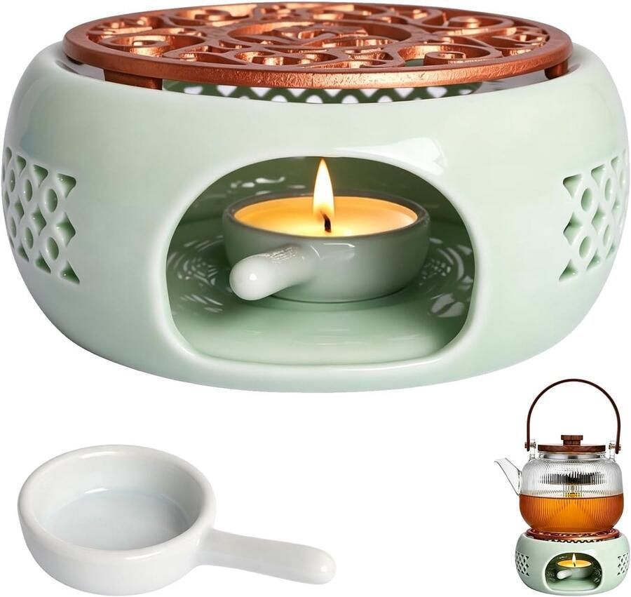Keramische Theewarmer Groen 14 7 x 6 cm Met Kaarsenhouder en Gietijzeren Mat Voor Thuis en Kantoor
