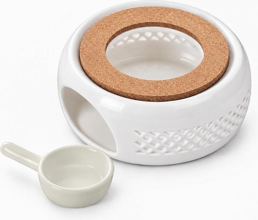 Keramische Theewarmer Wit Hittebestendig Porselein met Kurkmat Voor Thee Koffie en Melk