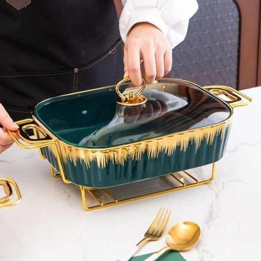 Keramische Voedselwarmer Buffet Server Set Eten Warm Houden Dubbele Branders 1.8L Groen