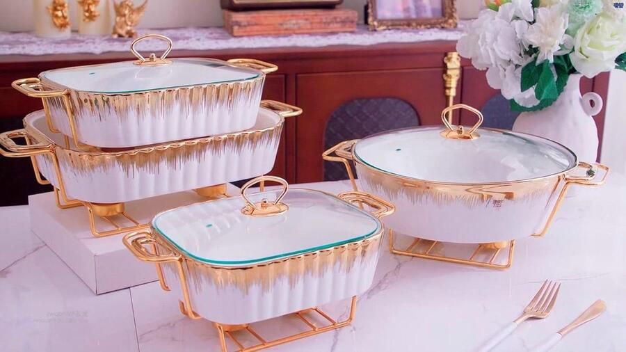 Keramische Warmhoudset Buffet Serveer Eten Warm Houden Marmerlook Gouden Rand 4 Delige Set Wit Goud